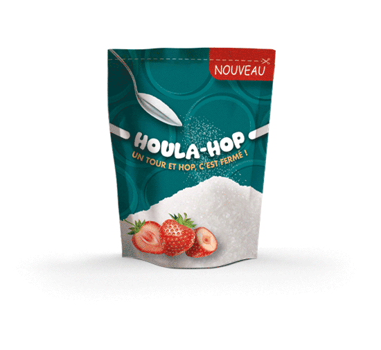 Houla Hop, reclosed label for powdered products, liquids, frozen foods, Etik Ouest Packaging